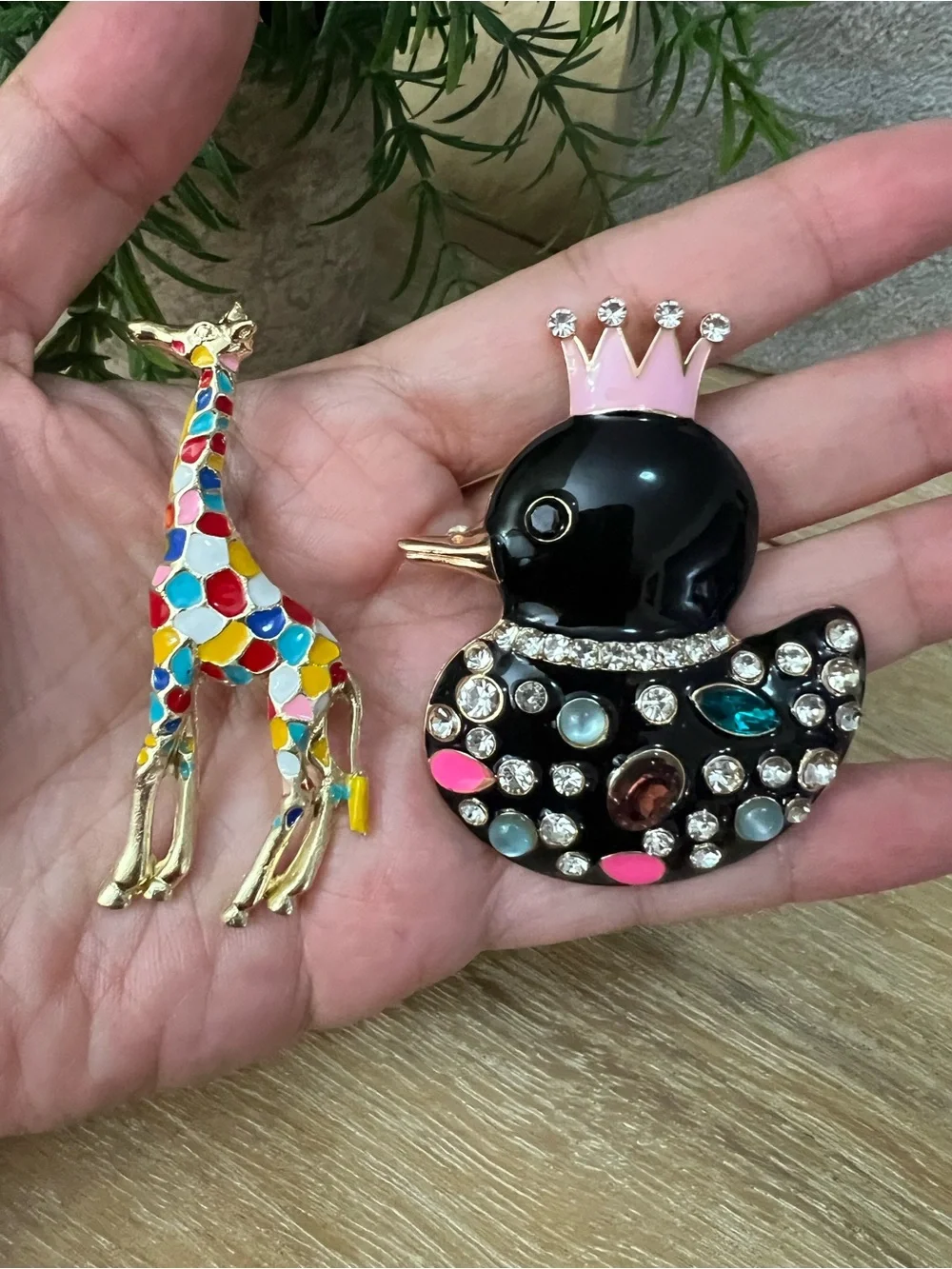 Enamel Giraffe and Jeweled Duck Brooch Set - Black, Multicolor